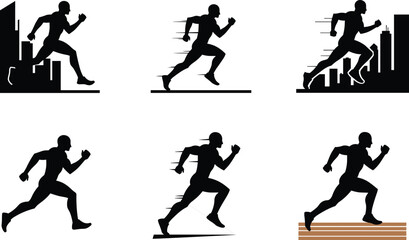Running silhouette, athlete motion, speed vector, black illustration, track race, city background, dynamic pose, sports concept