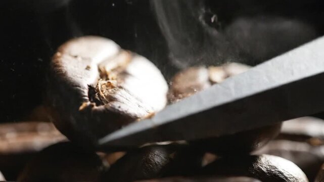 Close-up macro shot of coffee beans being roasted with steam rising, highlighting the texture and rich color of the beans