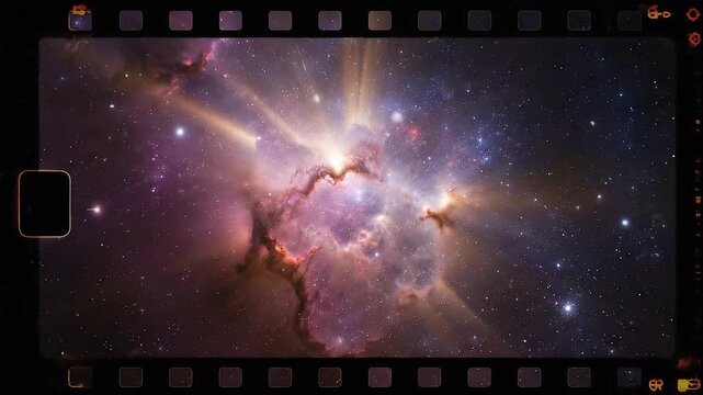 Astounding celestial nebula with radiating starlight, captured within a vintage film reel border, showcasing cosmic beauty and vastness