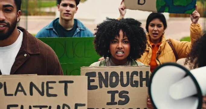 Woman, sign and face for protest at college, loudspeaker and climate change demonstration. Girl, group and poster for call to action, sustainability or global warming awareness at university campus