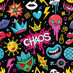 Fototapeta premium Chaos Word with Graffiti Monsters and Skulls Pattern