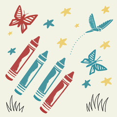 Fototapeta premium Crayons, butterflies, and bird with stars and grass