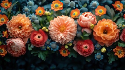 Dark background vintage floral arrangement with chrysanthemums, peonies, tulips top view, spring design
