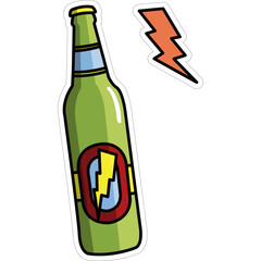 Green Glass Bottle with Yellow Lightning Bolt Graphic on Label and Orange Lightning Bolt Symbol Against Transparent Background