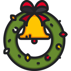 Green Christmas Wreath With Red Bow and Gold Bell Decorated With Colorful Lights Festive Holiday Season Icon With Transparent Background