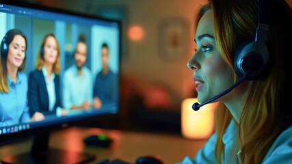 A woman wearing headset on a video call. People on a screen. Low light environment - Powered by Adobe