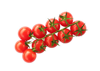 Cherry tomato branch isolated on white background top view. Red fresh tomatoes close-up.