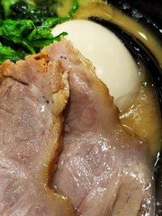 Close-up of rich Char siu and egg