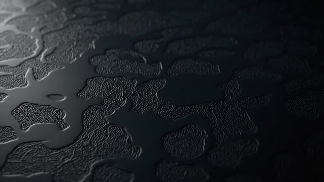 Dark, abstract background of a wet, textured surface with glossy liquid puddles reflecting light.