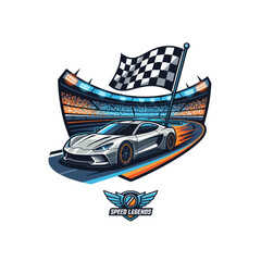 Modern racing car vector illustration. Stock car crossing finish line with checkered flag in a glowing stadium. Ideal for motorsport, speed, and victory themes.