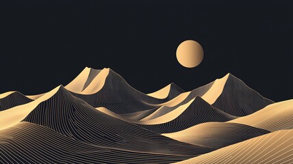 Black background oriental style golden line art mountains with moon vector illustration for wall decor
