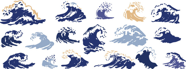 Hand Drawn Ocean Waves Collection - Vector Sea Wave Elements, Japanese Style Water Splash Set