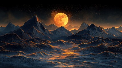 Black background oriental style golden line art mountains with moon vector illustration for wall decor
