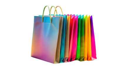 Collection of colorful holographic shopping bags with handles standing upright in a row isolated on transparent background