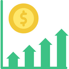 Illustration of a financial graph showing upward trend with a golden coin featuring dollar sign on a transparent background symbolizing financial success and growth