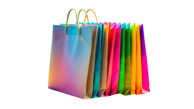 Collection of colorful holographic shopping bags with handles standing upright in a row isolated on transparent background