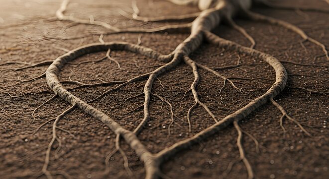 A heart-shaped root system in soil, embodying the essential Balance and profound Clarity of natural growth, symbolizing life's deep connections and enduring foundations
