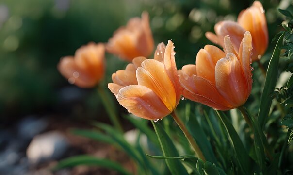 meadow filled with orange tulips, early morning light, soft warm sunlight, dewdrops on petals, shallow depth of field, detailed natural textures