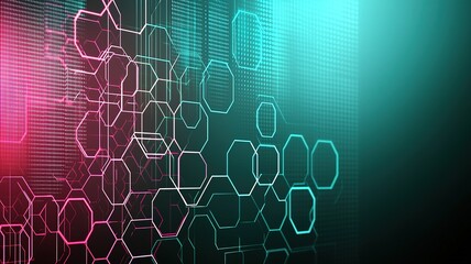 Dark blue gradient futuristic abstract background with glowing hexagons and data network, 3D design

