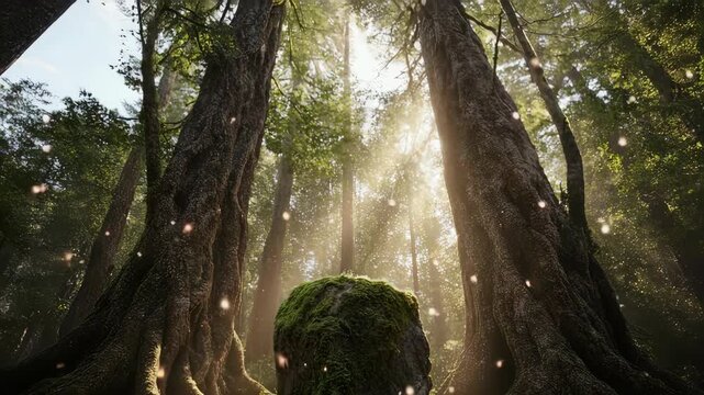 An empty stone podium in an enchanted forest with sunbeams and floating fireflies. Perfect for showcasing natural, organic, or eco-friendly products. Serene and magical.