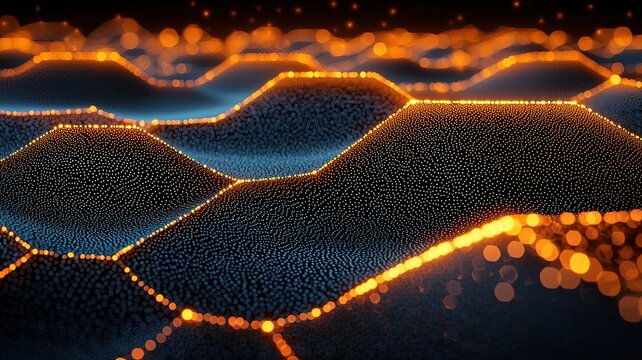 Dark blue gradient futuristic abstract background with glowing hexagons and data network, 3D design
