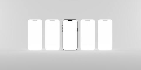 Phone Five screens for mockup. Front view of a mobile phone with empty screen ready for place your designs.	