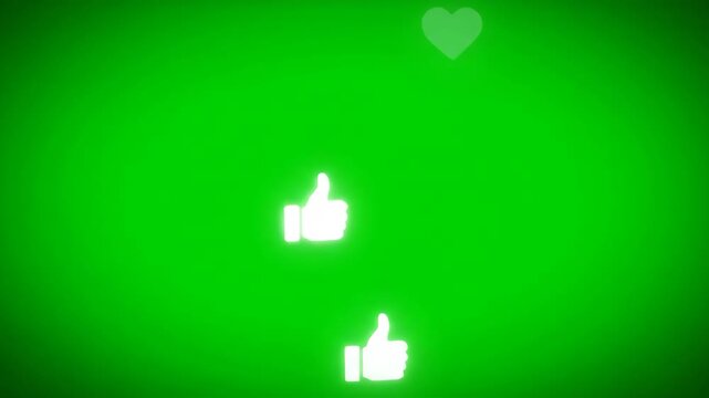 White like and heart icons appearing and disappearing on green screen background. Social media engagement indicators element for video.