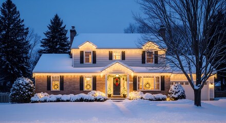 Naklejka premium A beautiful two-story house decorated with warm Christmas lights, covered in a blanket of fresh snow at dusk.