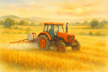 Fototapeta premium Watercolor illustration of orange tractor spraying crops in golden field at sunset 