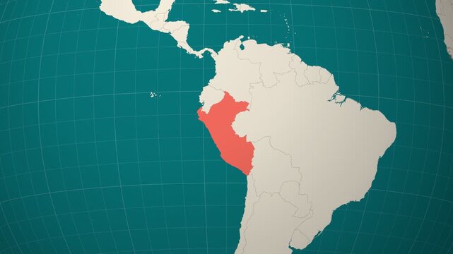 Peru map. Animated zoom into the country on the Globe in Teal Pale Mint color palette. Country logo animation. Map with meridians, parallels. Amazing video.