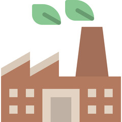 Industrial Factory Building With Twin Green Leaves On Top Representing Eco Friendly Business And Sustainable Production In A Simple Flat Design