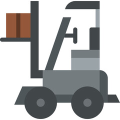 Industrial gray forklift truck with brown cargo box on transparent background for logistics and warehousing