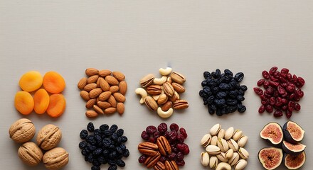 Obraz premium Colorful Assortment of Dried Fruits and Nuts Flat Lay arrangement