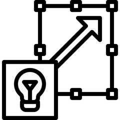 Isometric icon representing idea generation and scaling with a light bulb inside a transformation box and an upward arrow on a transparent background