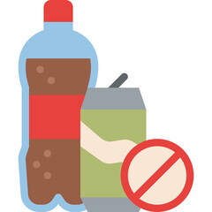 Illustration of a soda bottle and can with a prohibition symbol in flat design style against a...