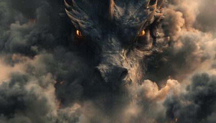 A fearsome dragon emerges from a swirling cloud formation, its eyes glowing with an intense, fiery light.