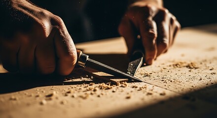 Artisan's hands carefully shaping wood using traditional carving tools