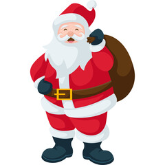 Illustration of Santa Claus wearing a red suit and hat holding a sack of presents with a golden belt and black boots on a transparent background