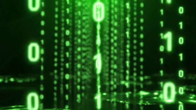 Digital Matrix of Green Binary Code Cascading Downwards, Representing Data and Technology in a Futuristic Concept