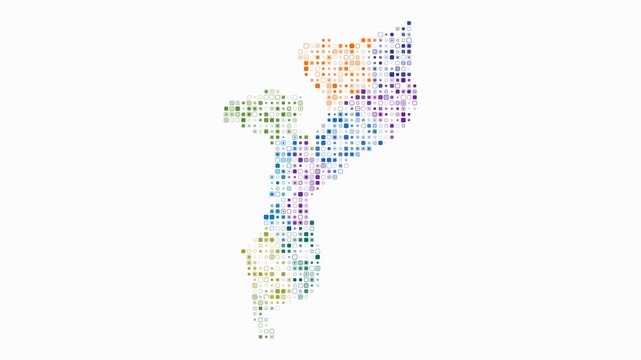Mozambique map animation. Shape of the country with pulsating colored dots. Small size rounded square blocks. Digital style Mozambique map on white background. Stylish video.