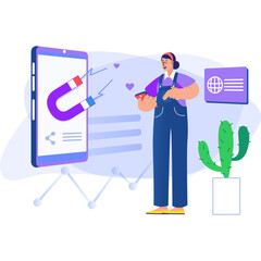 Illustration of a woman using a large magnet to attract elements to a smartphone screen with a global network icon and potted cactus in the background symbolizing teamwork and digital engagement