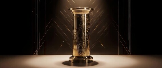 An elegant, rotating golden pedestal with Art Deco details on a black background. Ideal for awards, premium products, or vintage-themed presentations. Luxurious and classic.