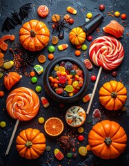 Luxury Halloween candy assortment with colorful sweets and lollipops on dark background — festive marketing banner