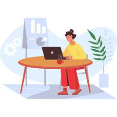 Illustration of a Woman Working on a Laptop at a Table with Charts and Plants in a Light Blue Room