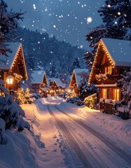 Luxury snowy winter village at night with glowing windows and falling snow — cozy festive Christmas background for marketing