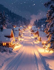 Luxury snowy winter village at night with glowing windows and falling snow — cozy festive Christmas background for marketing