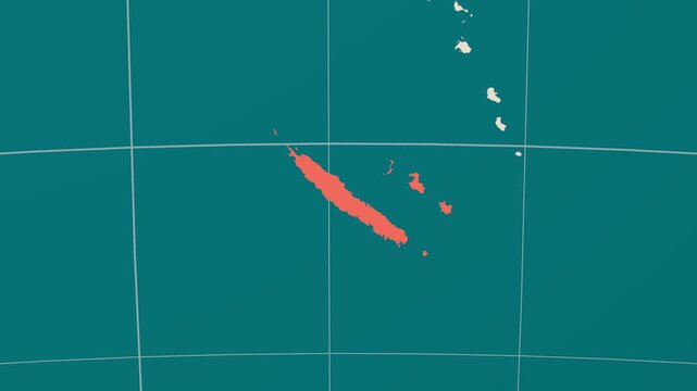 New Caledonia map. Animated zoom into the country on the Globe in Teal Pale Mint color palette. Country logo animation. Map with meridians, parallels. Amazing video.