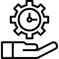 Outline Icon of a Hand Holding a Gear With Clock Face Representing Time Management and Efficiency in Black and White Isolated on Transparent Background