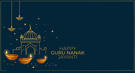 Illuminated Gurdwara and Diyas for Happy Guru Nanak Jayanti Celebration.