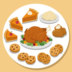 Flat Lay Festive Thanksgiving Dinner Food Platter Illustration